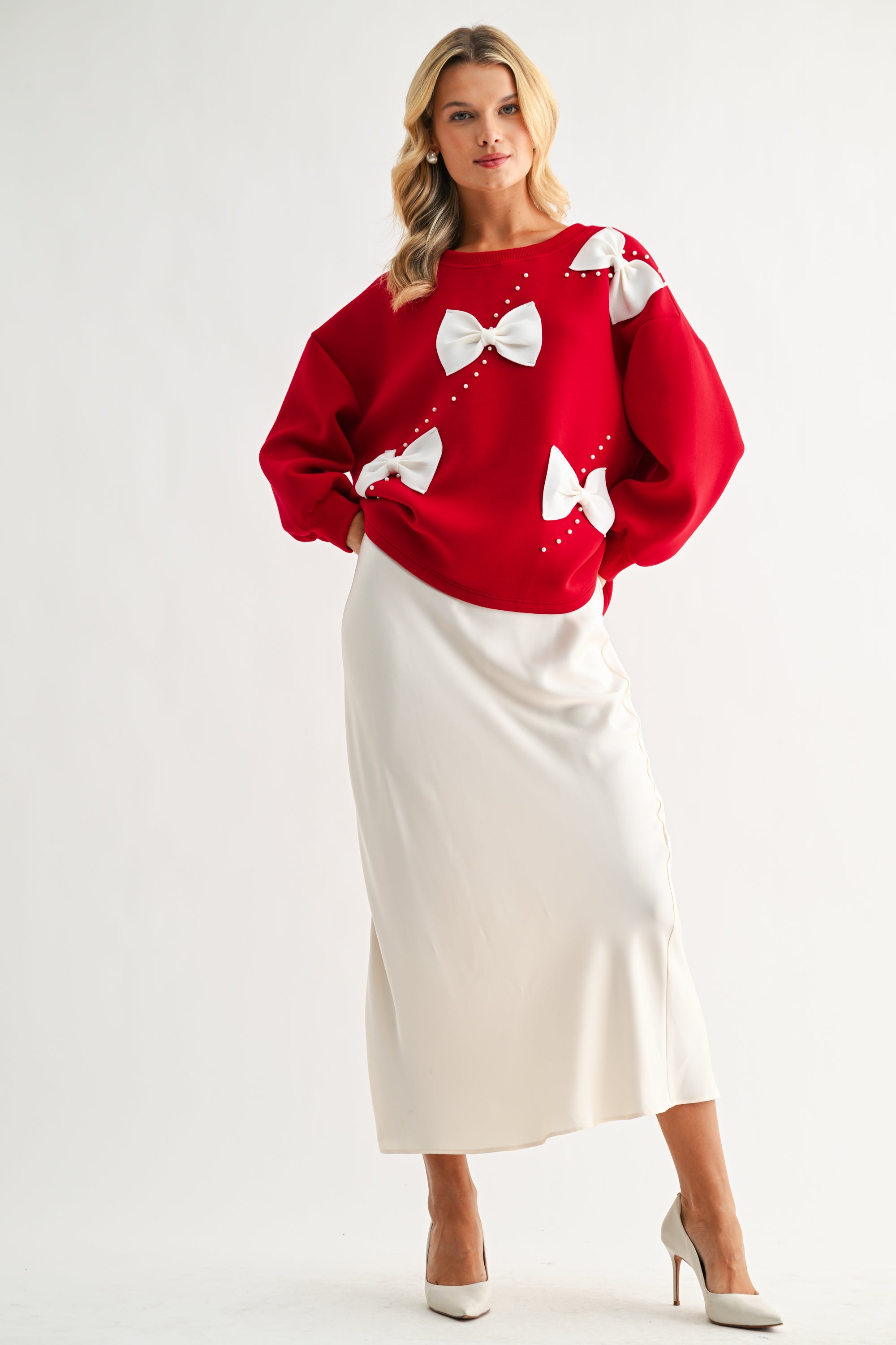 Flora Stretch French Scuba Ribbon-Bow with Pearls Top