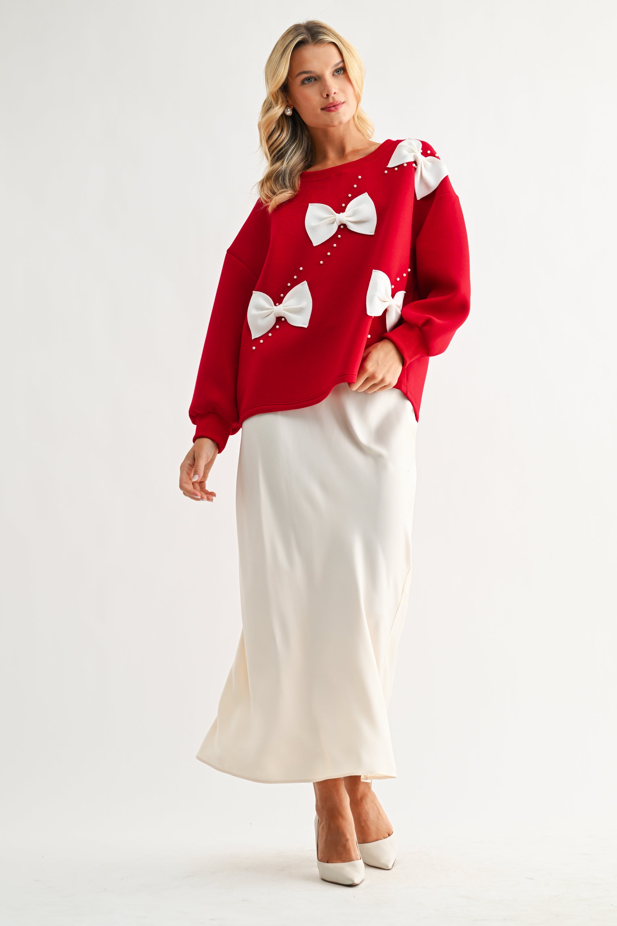 Flora Stretch French Scuba Ribbon-Bow with Pearls Top