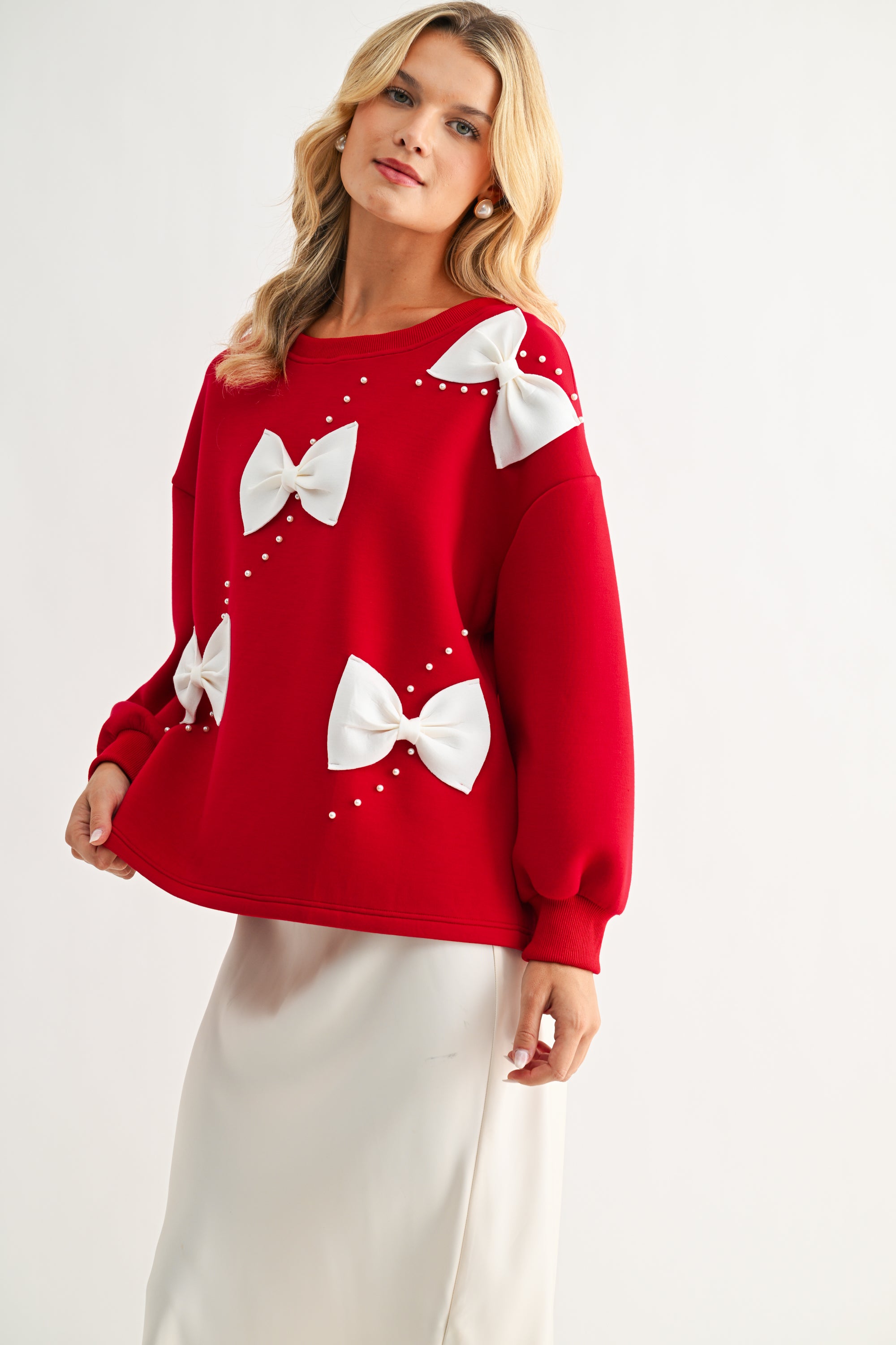 Flora Stretch French Scuba Ribbon-Bow with Pearls Top