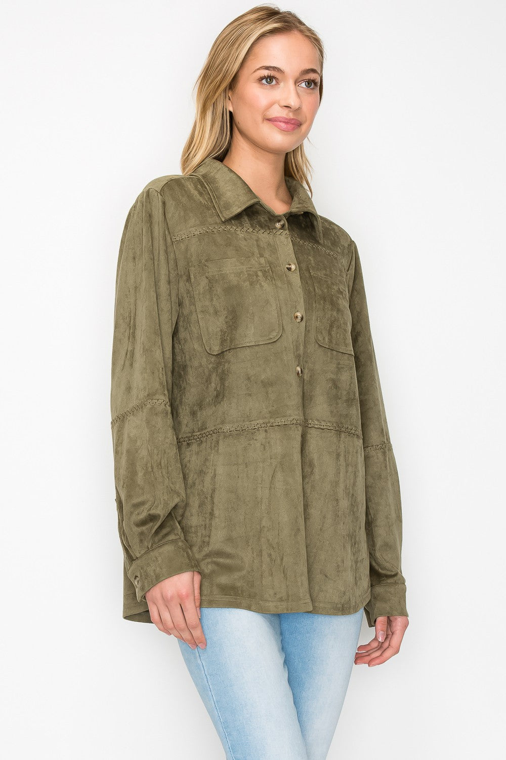 Avery Stretch Suede Top with Detailed Whipstitch