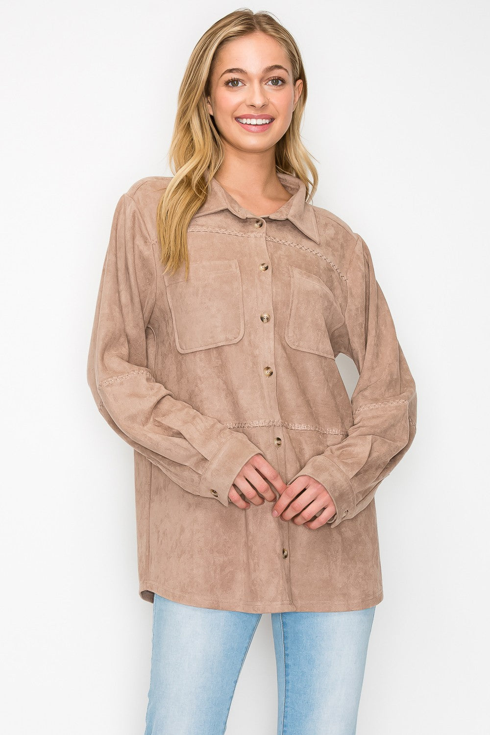 Avery Stretch Suede Top with Detailed Whipstitch