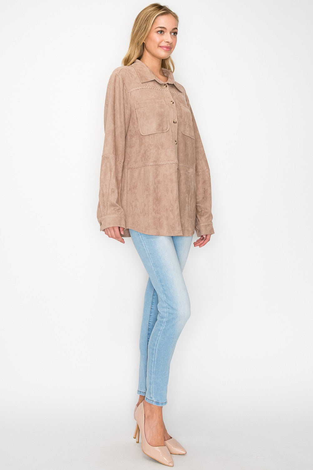 Avery Stretch Suede Top with Detailed Whipstitch