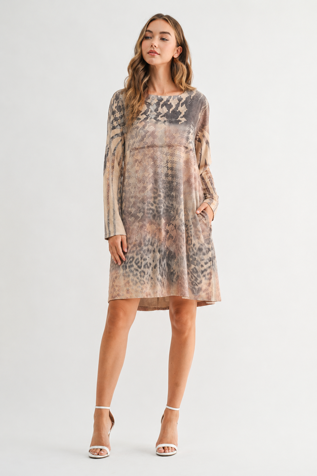 Aurora Suede Print Round Neck Dress (With Pockets)