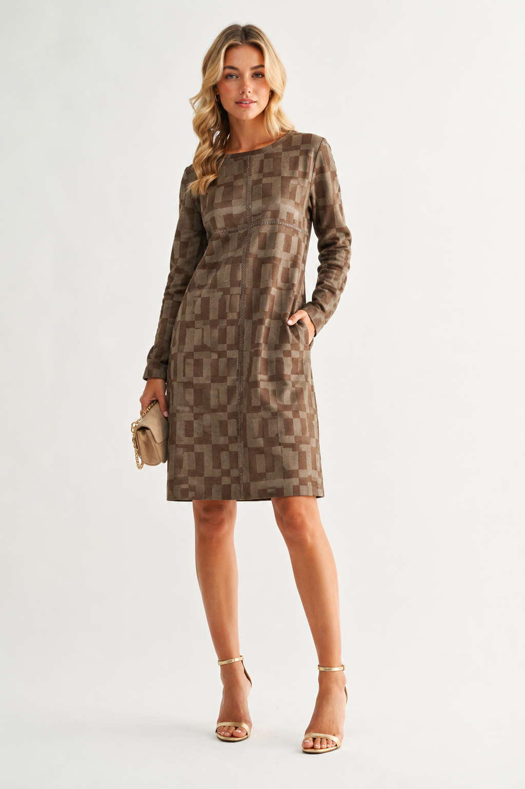 Aurora Suede Print Round Neck Dress (With Pockets)