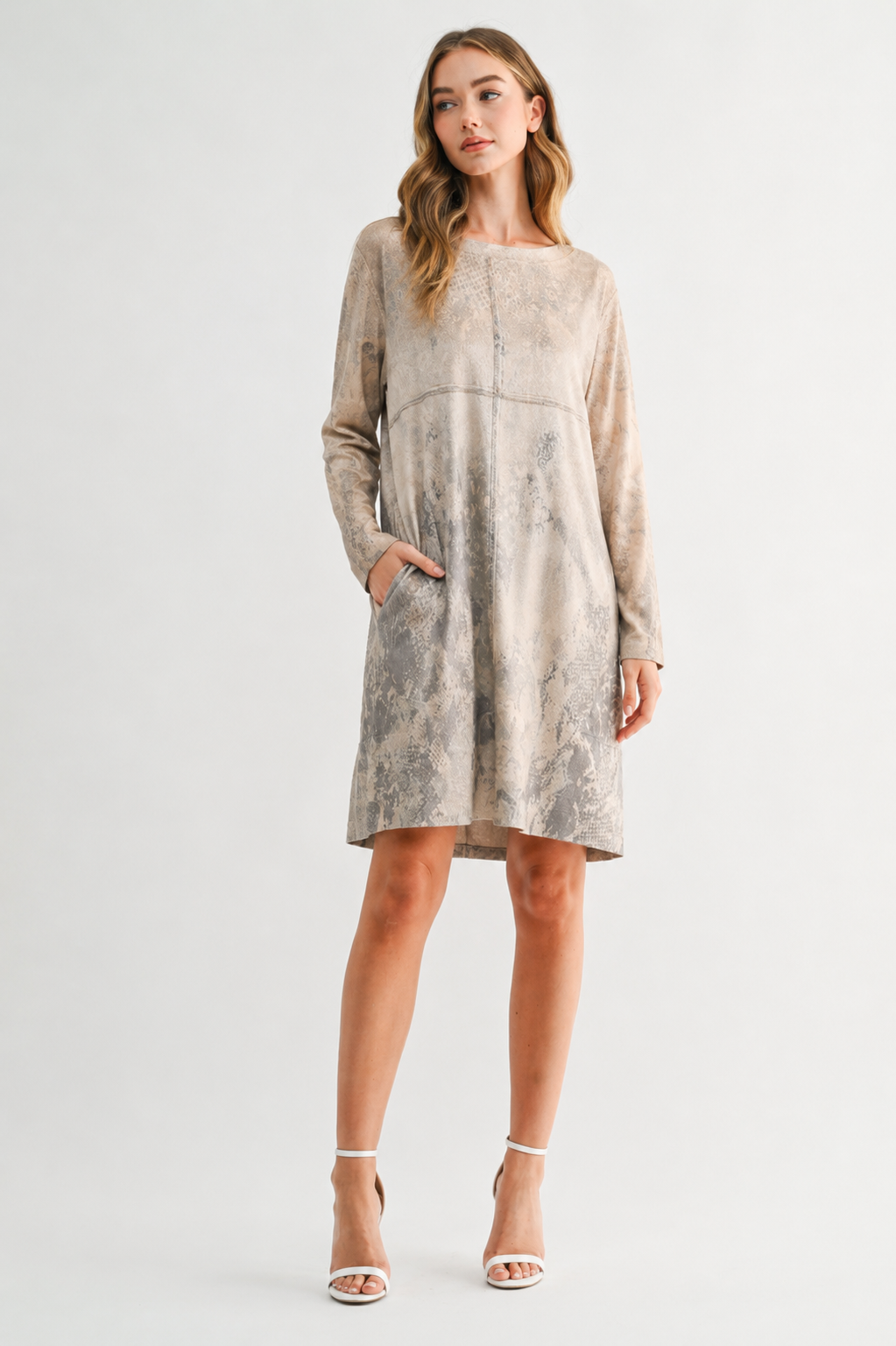Aurora Suede Print Round Neck Dress (With Pockets)