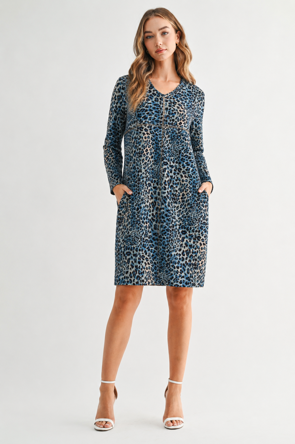 Aurora Suede Print V Neck Dress (With Pockets)