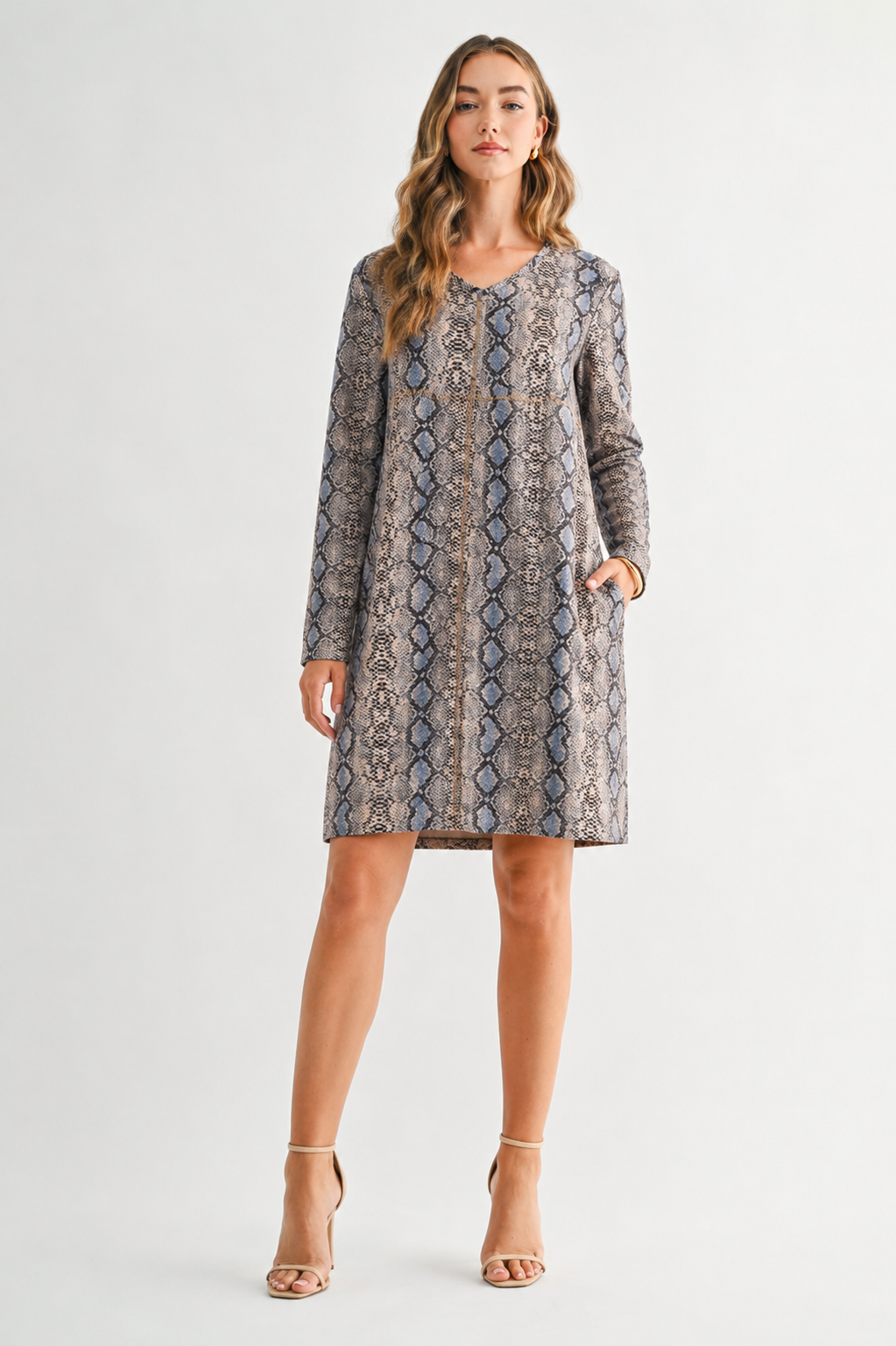 Aurora Suede Print V Neck Dress (With Pockets)