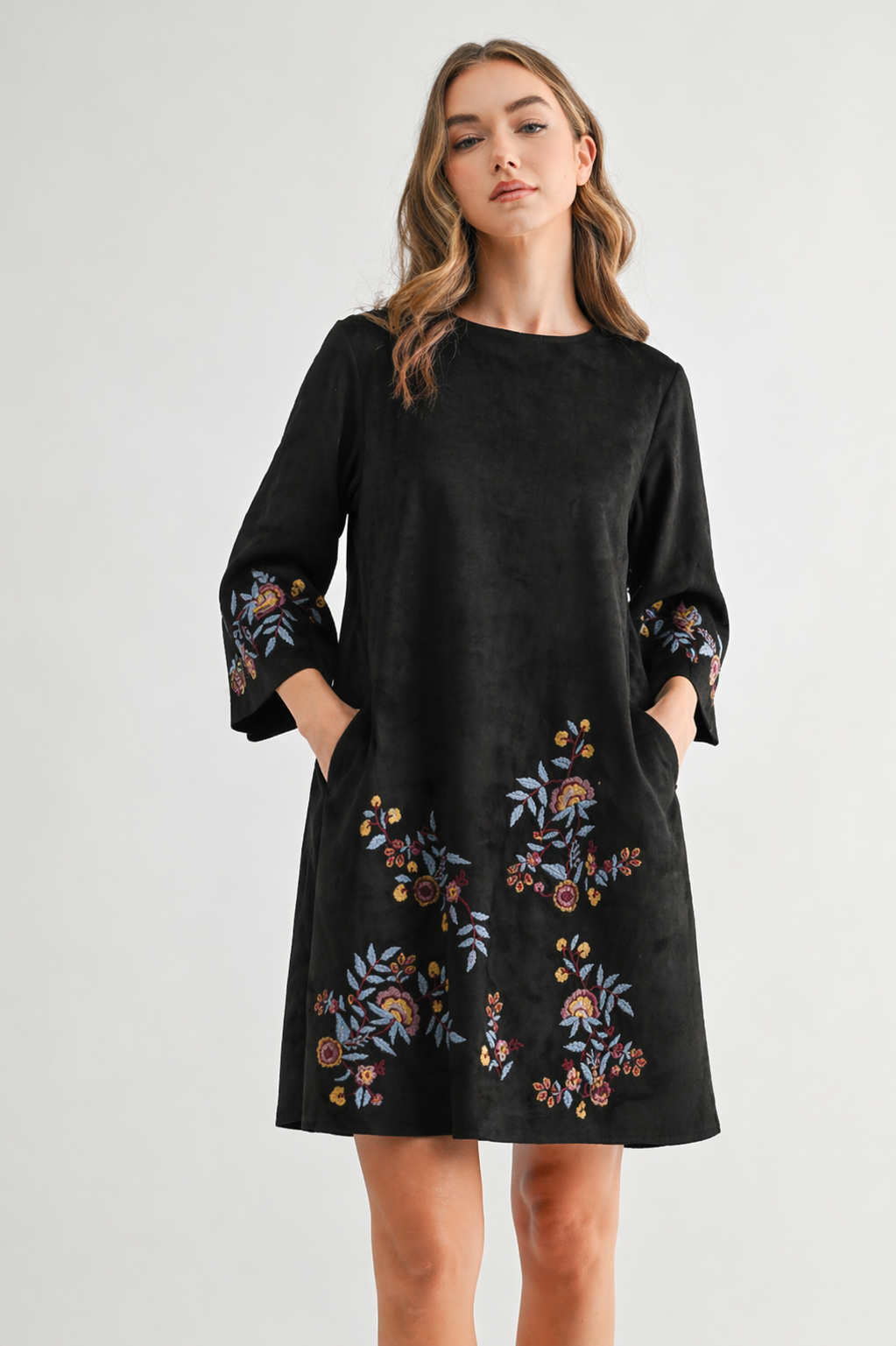 Avery Stretch Suede Embroidered Dress