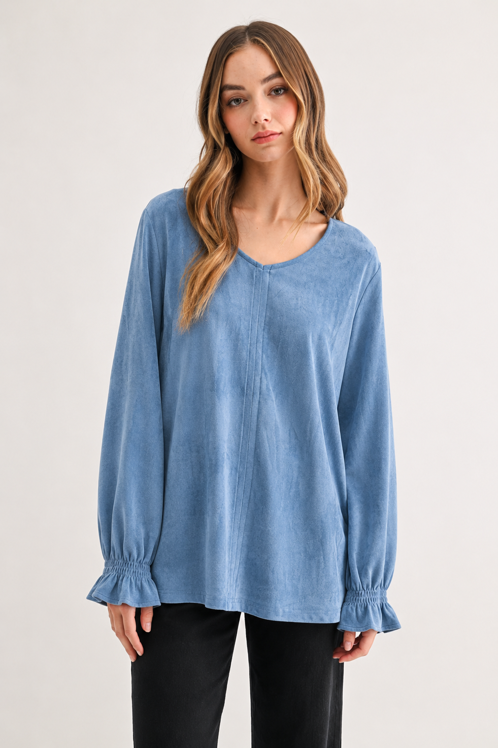 Abigail Stretch Suede Long Sleeve V Neck Top