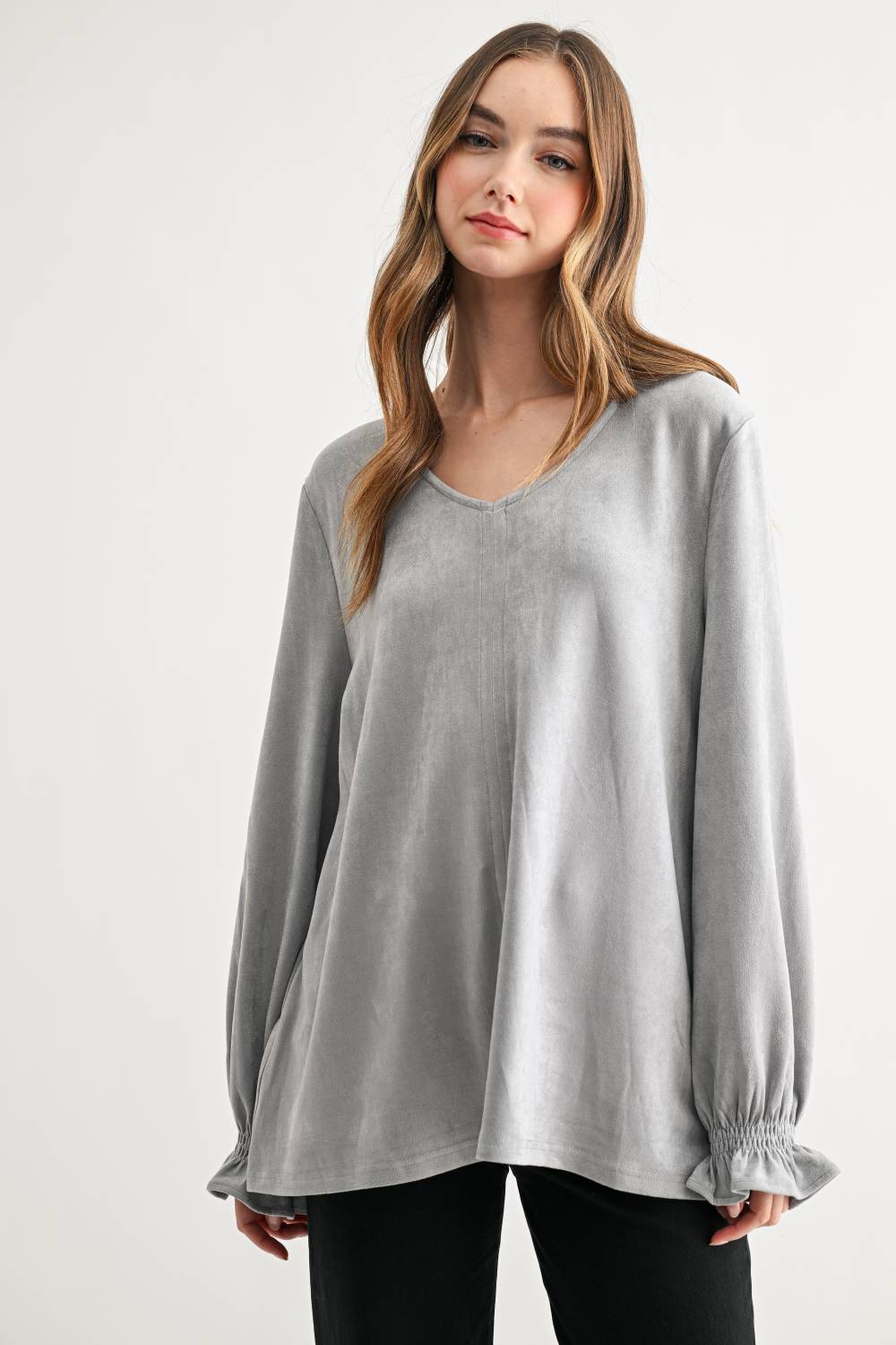 Abigail Stretch Suede Long Sleeve V Neck Top