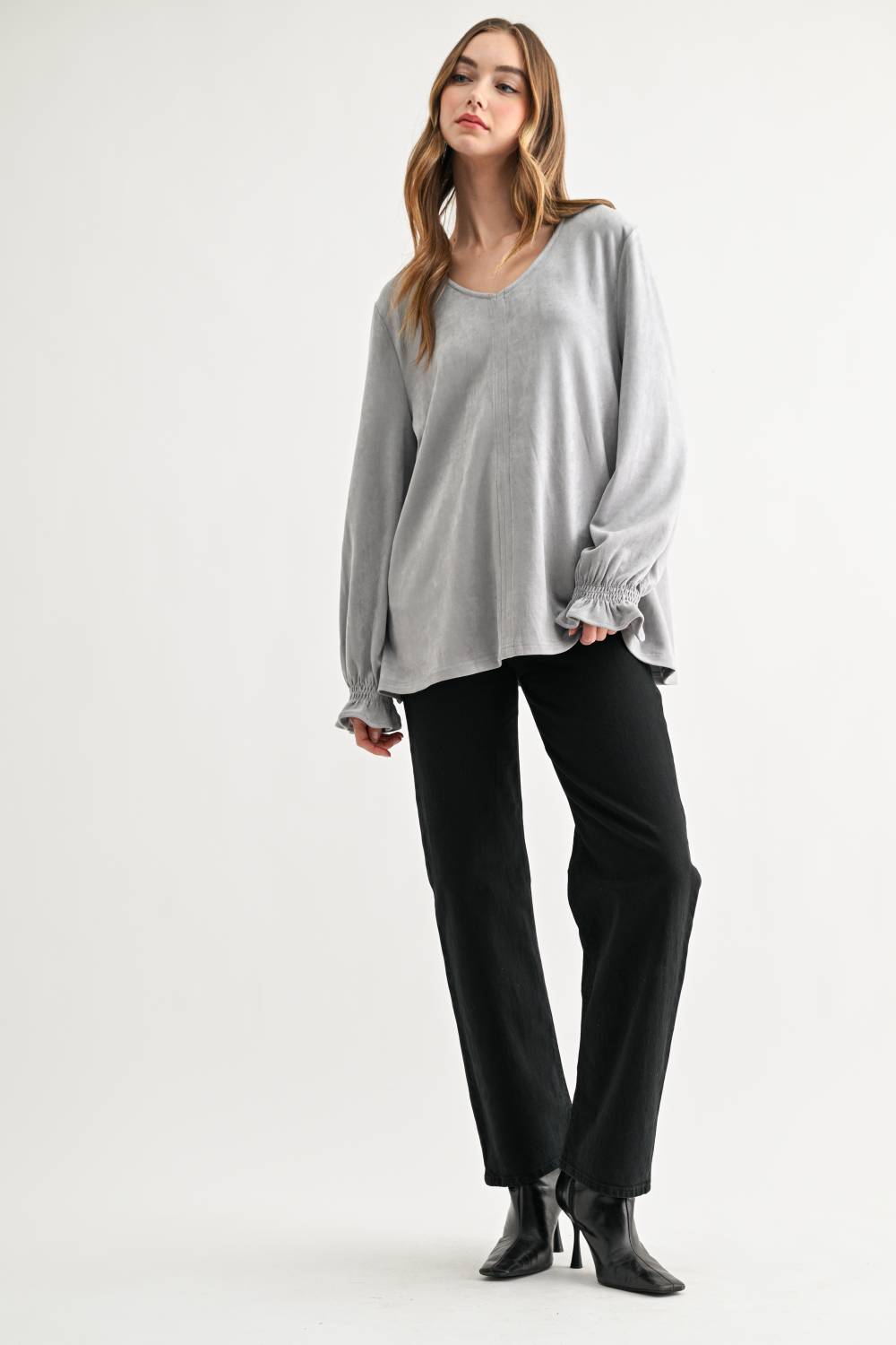 Abigail Stretch Suede Long Sleeve V Neck Top