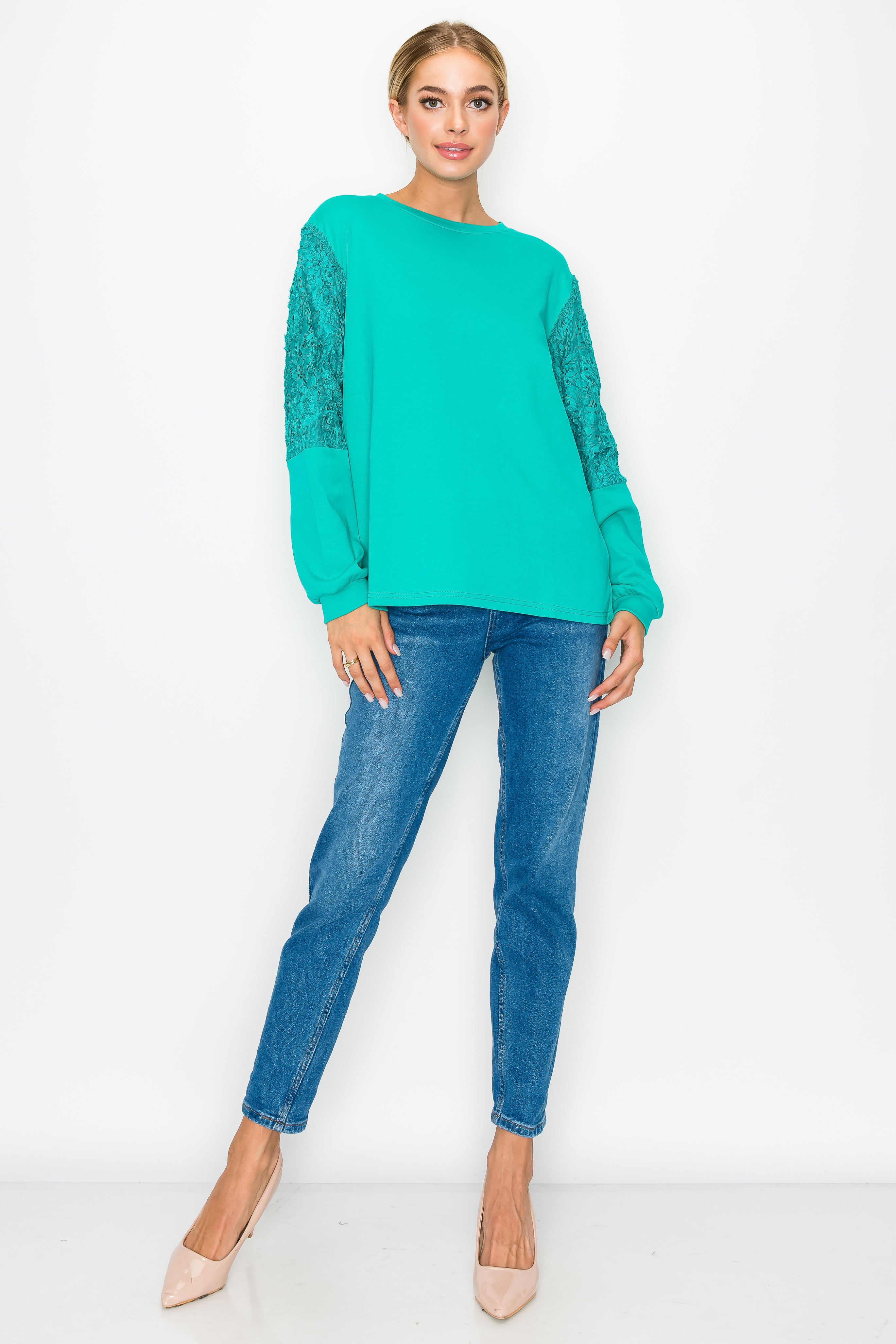 Rylee Stretch Pointe Knit Top with Lace