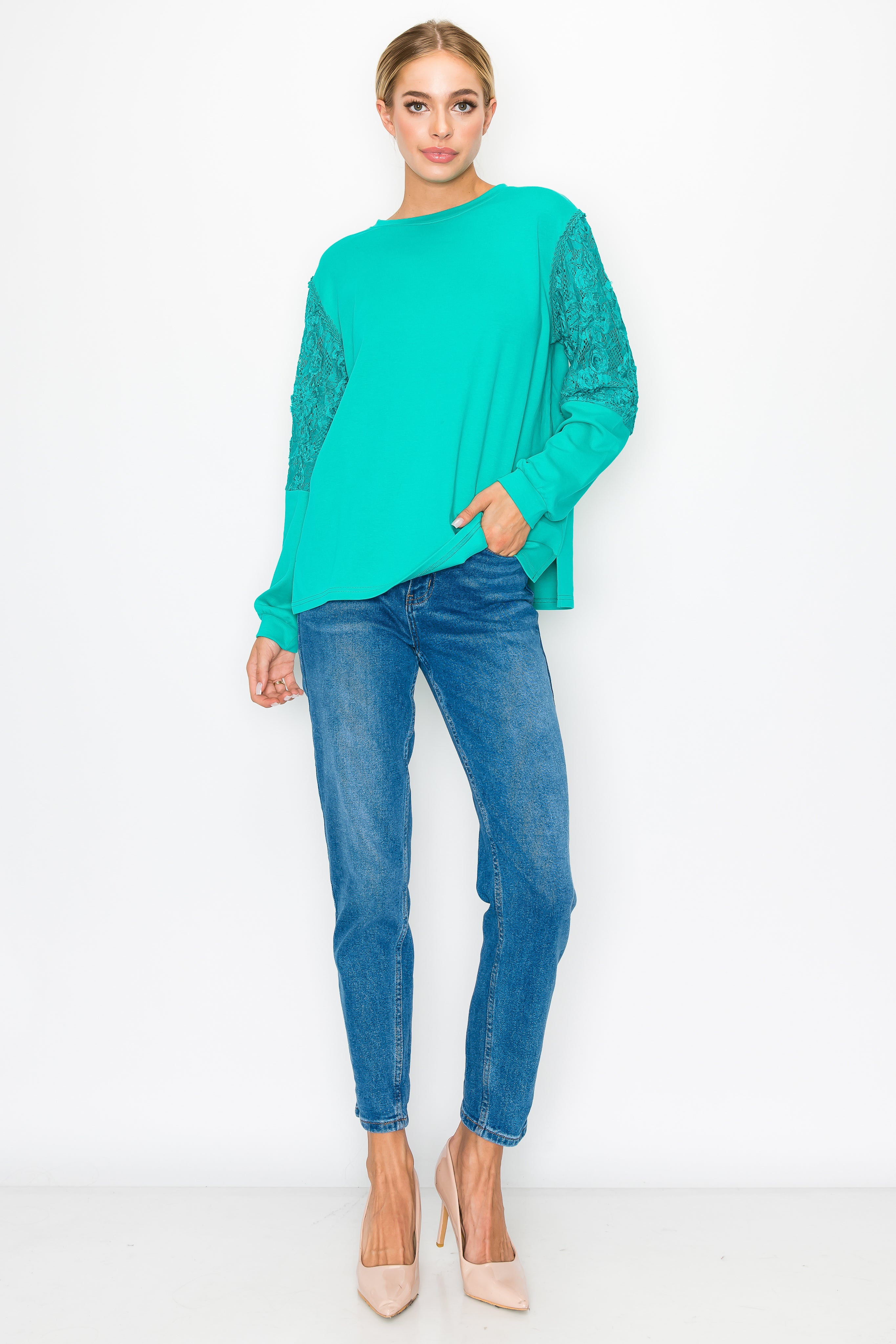 Rylee Stretch Pointe Knit Top with Lace