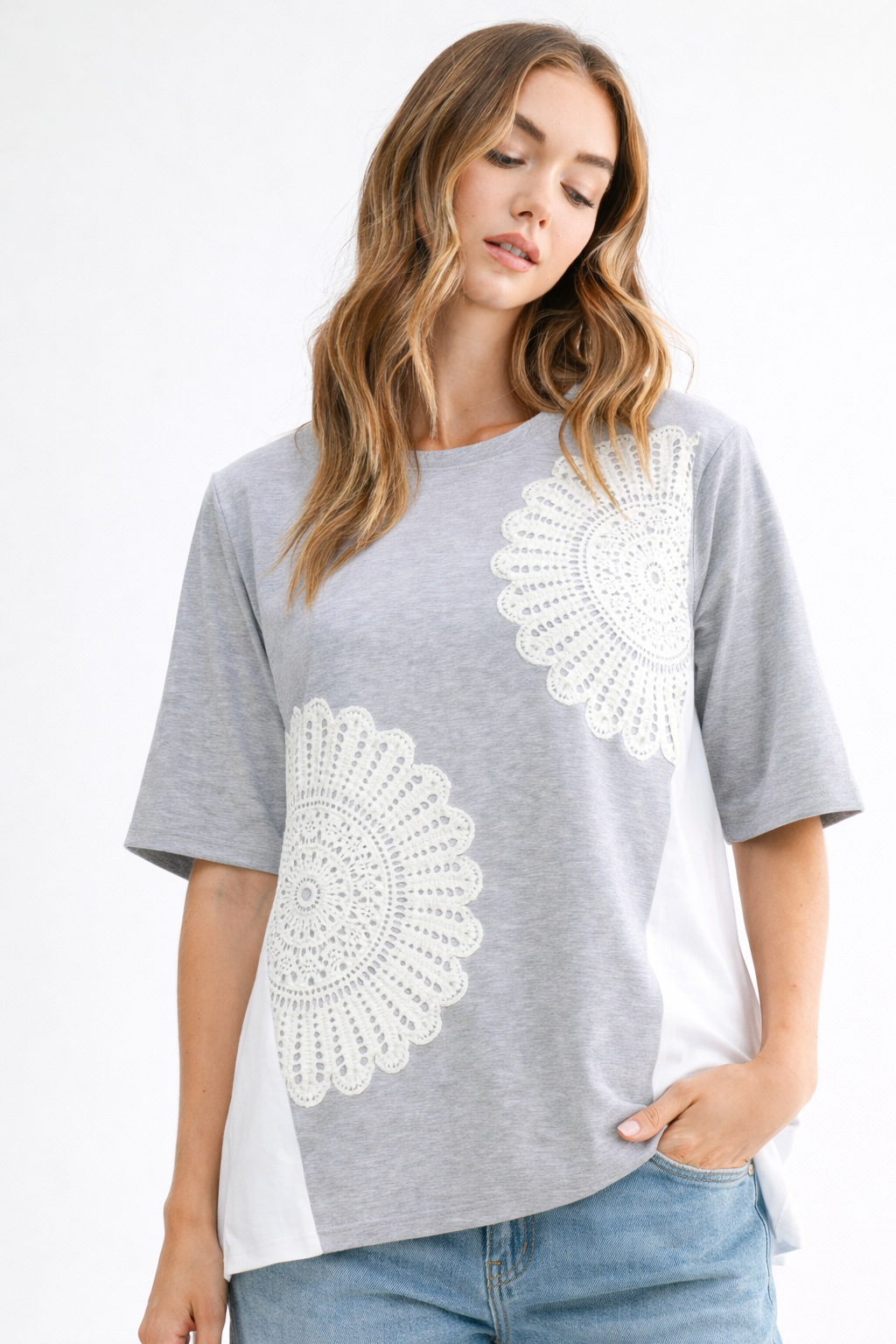 Roxi Pointe Knit Top with Lace Circled with Pearls