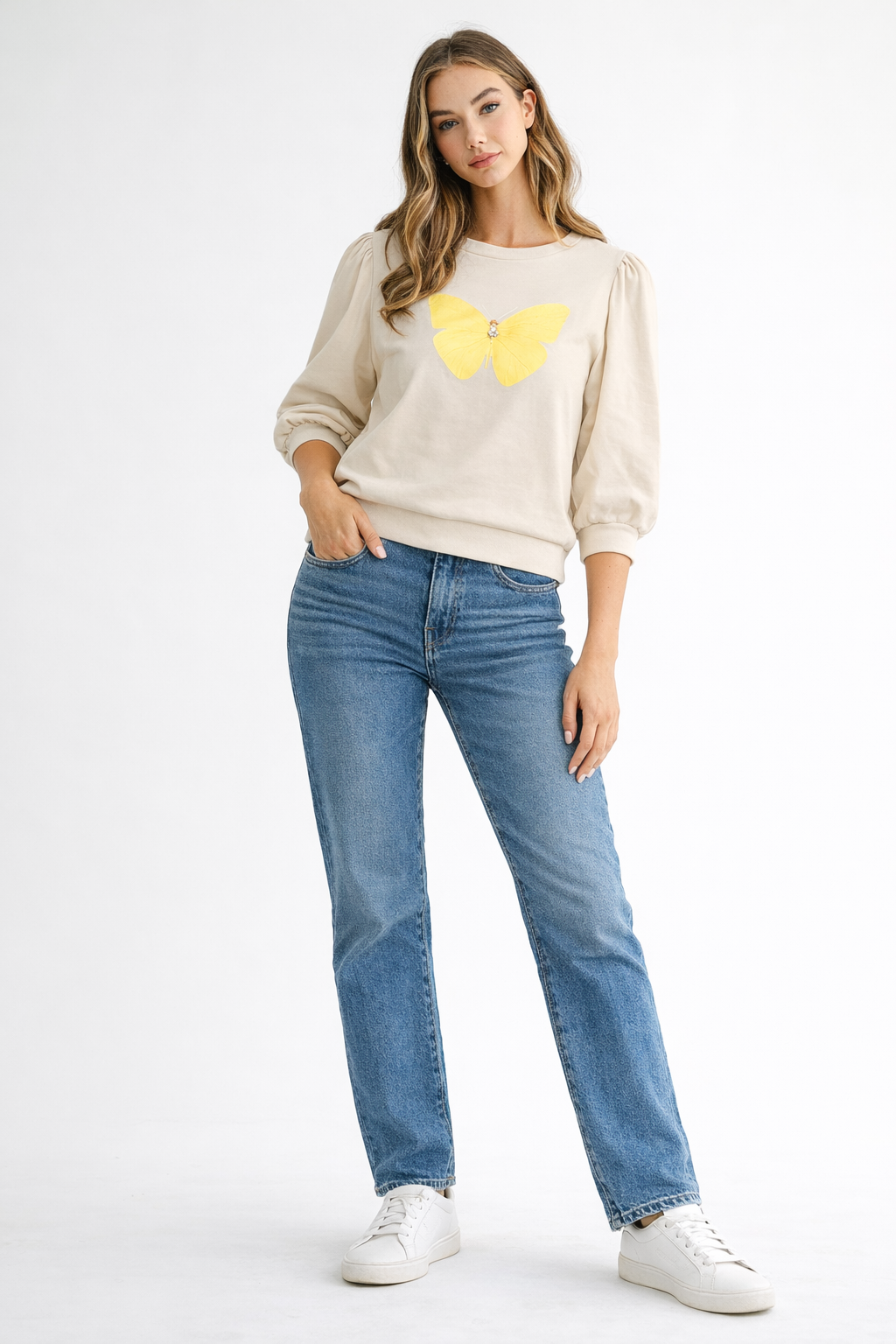 Kelsey Prima Cotton Knit Top with Diamond & Butterfly