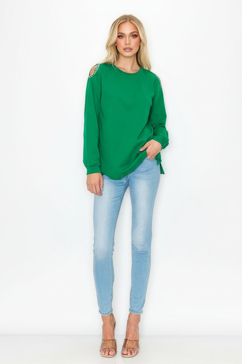 Rita Pointe Knit Top with Chain Trim Open Shoulder