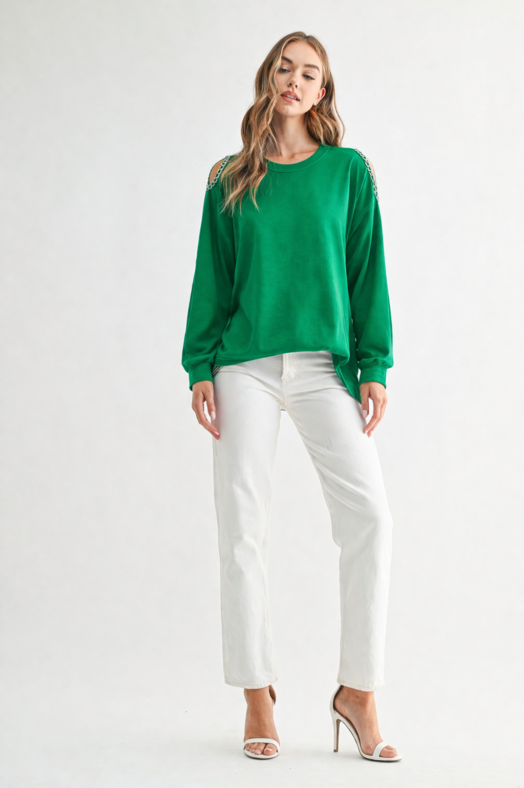 Rita Pointe Knit Top with Chain Trim Open Shoulder