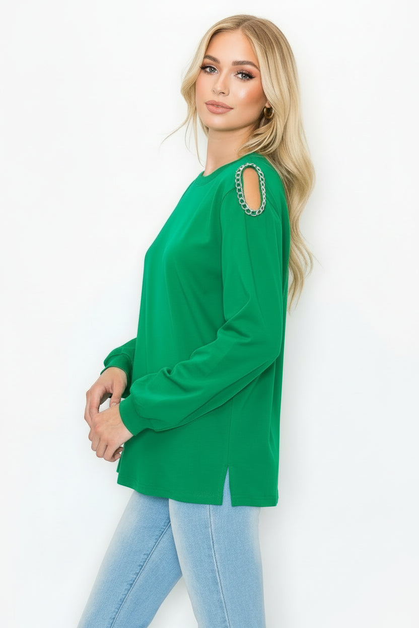 Rita Pointe Knit Top with Chain Trim Open Shoulder