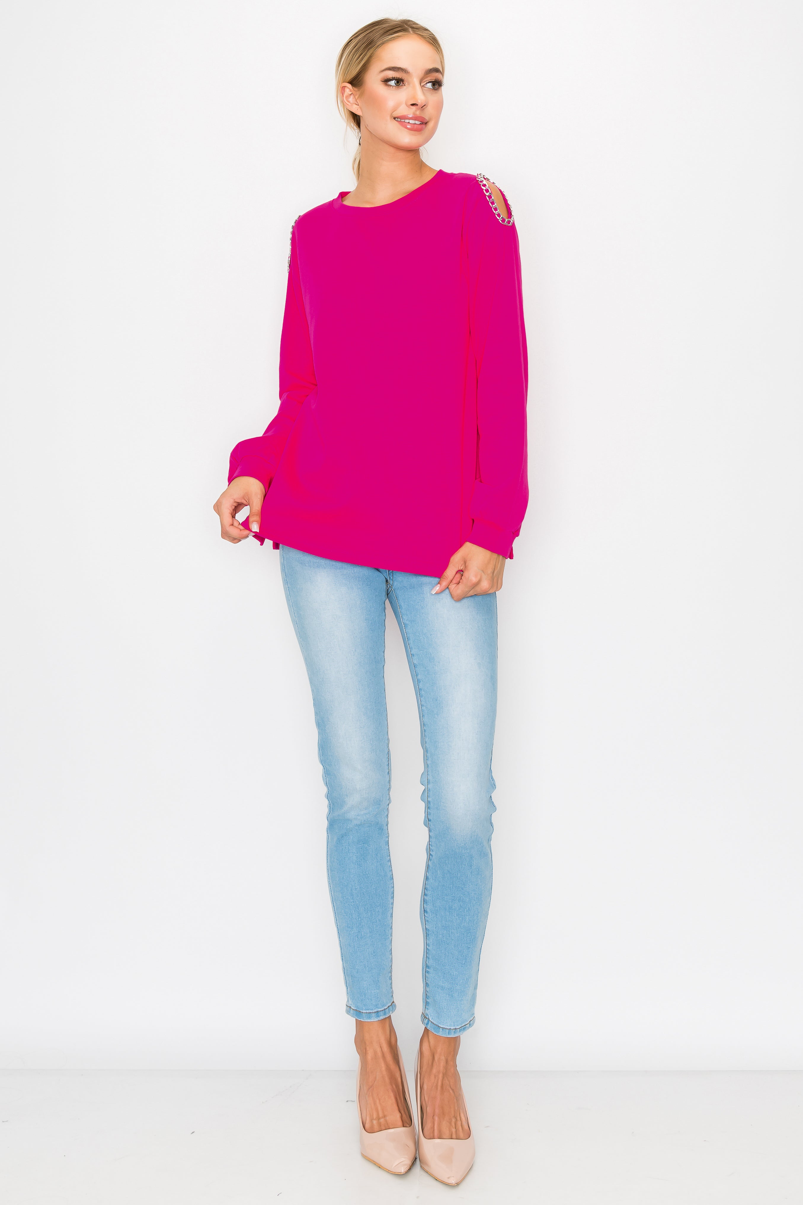 Rita Pointe Knit Top with Chain Trim Open Shoulder