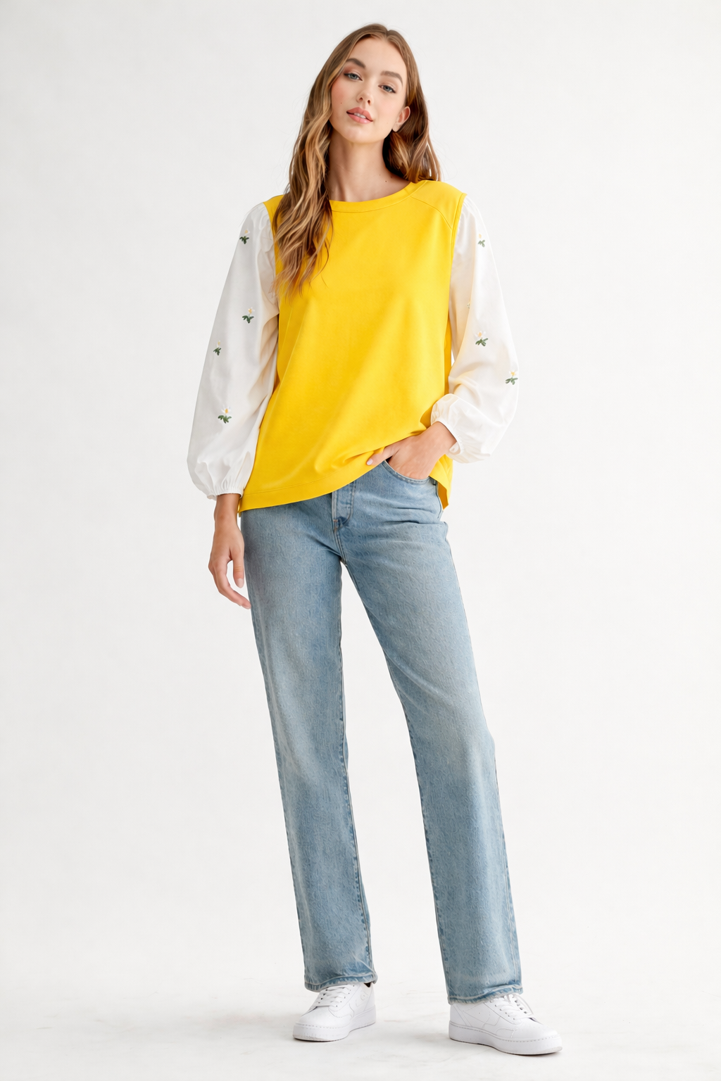 Robin Pointe Knit Top with Embroidered Summer Flowers