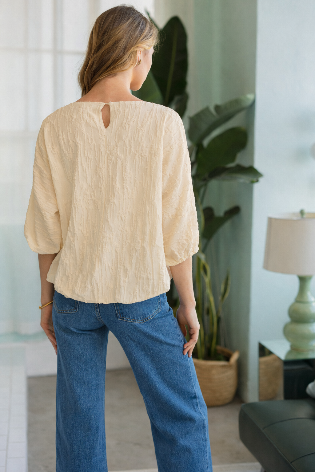 Walynn Woven Top with Pearl Ribbon Bow