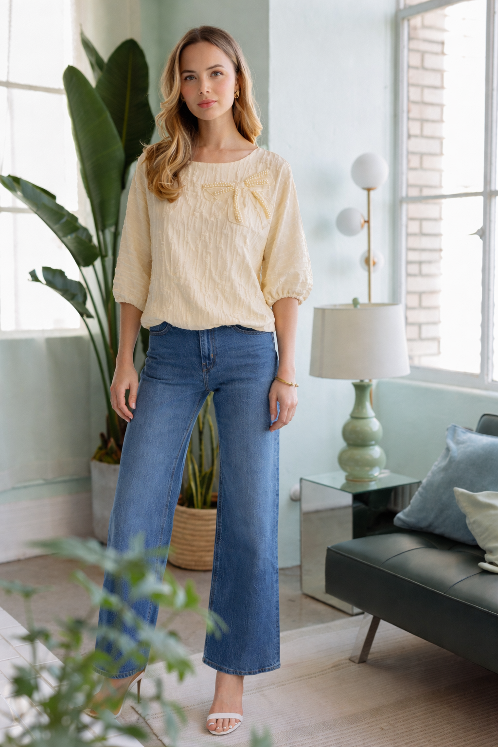 Walynn Woven Top with Pearl Ribbon Bow