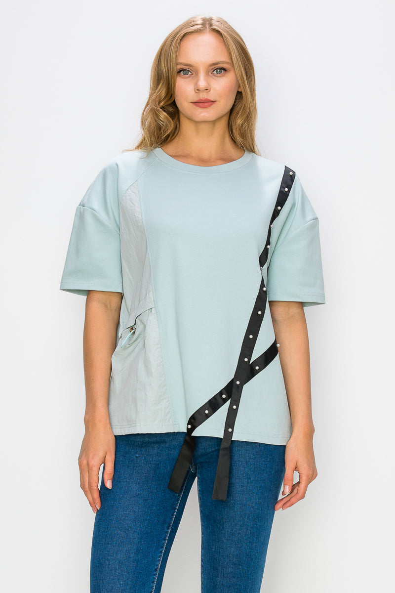 Rebecca Pointe Knit Top with Grosgrain Ribbon & Pearls