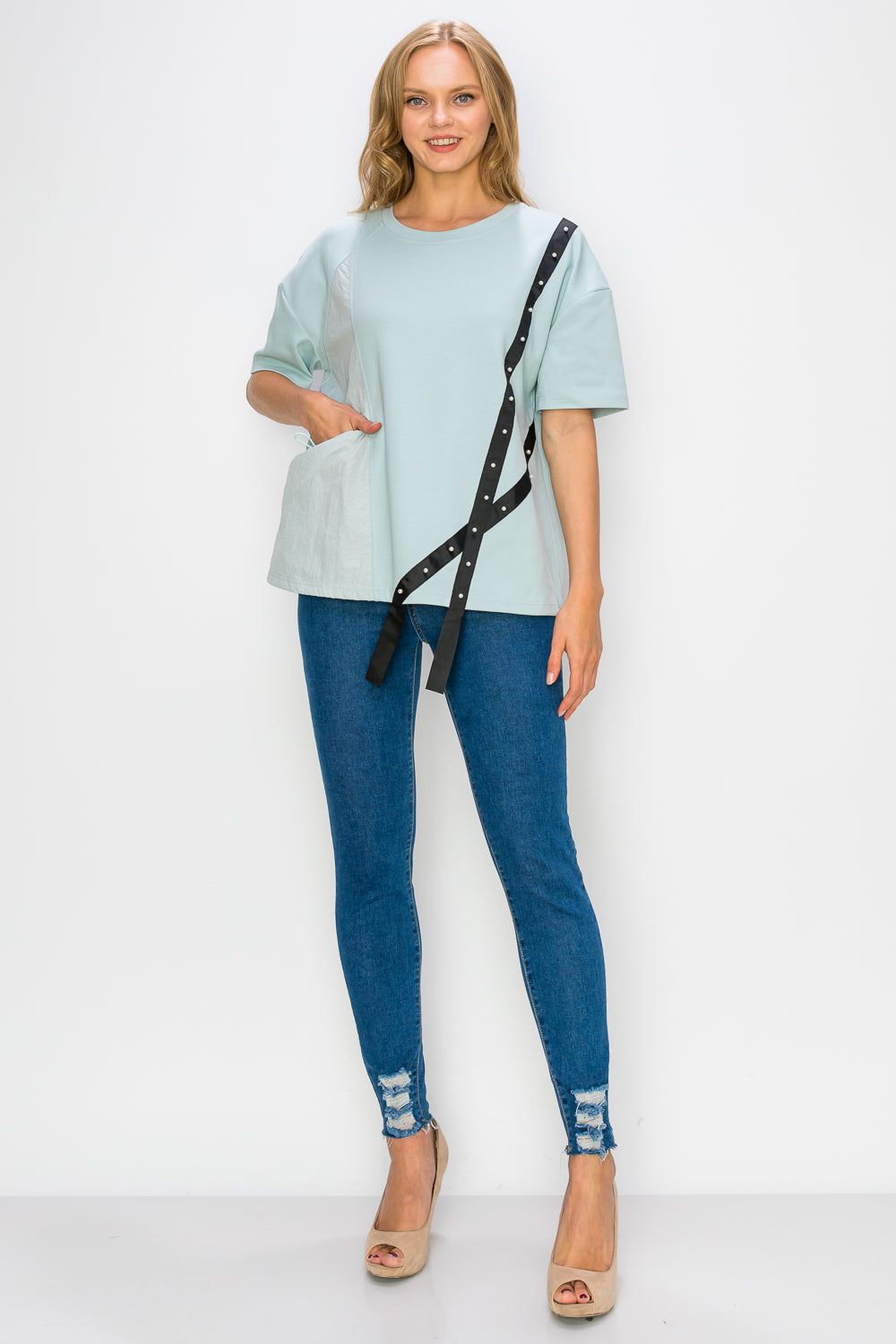 Rebecca Pointe Knit Top with Grosgrain Ribbon & Pearls