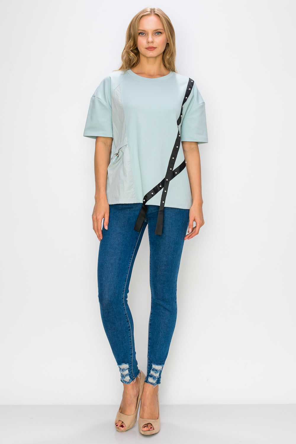 Rebecca Pointe Knit Top with Grosgrain Ribbon & Pearls