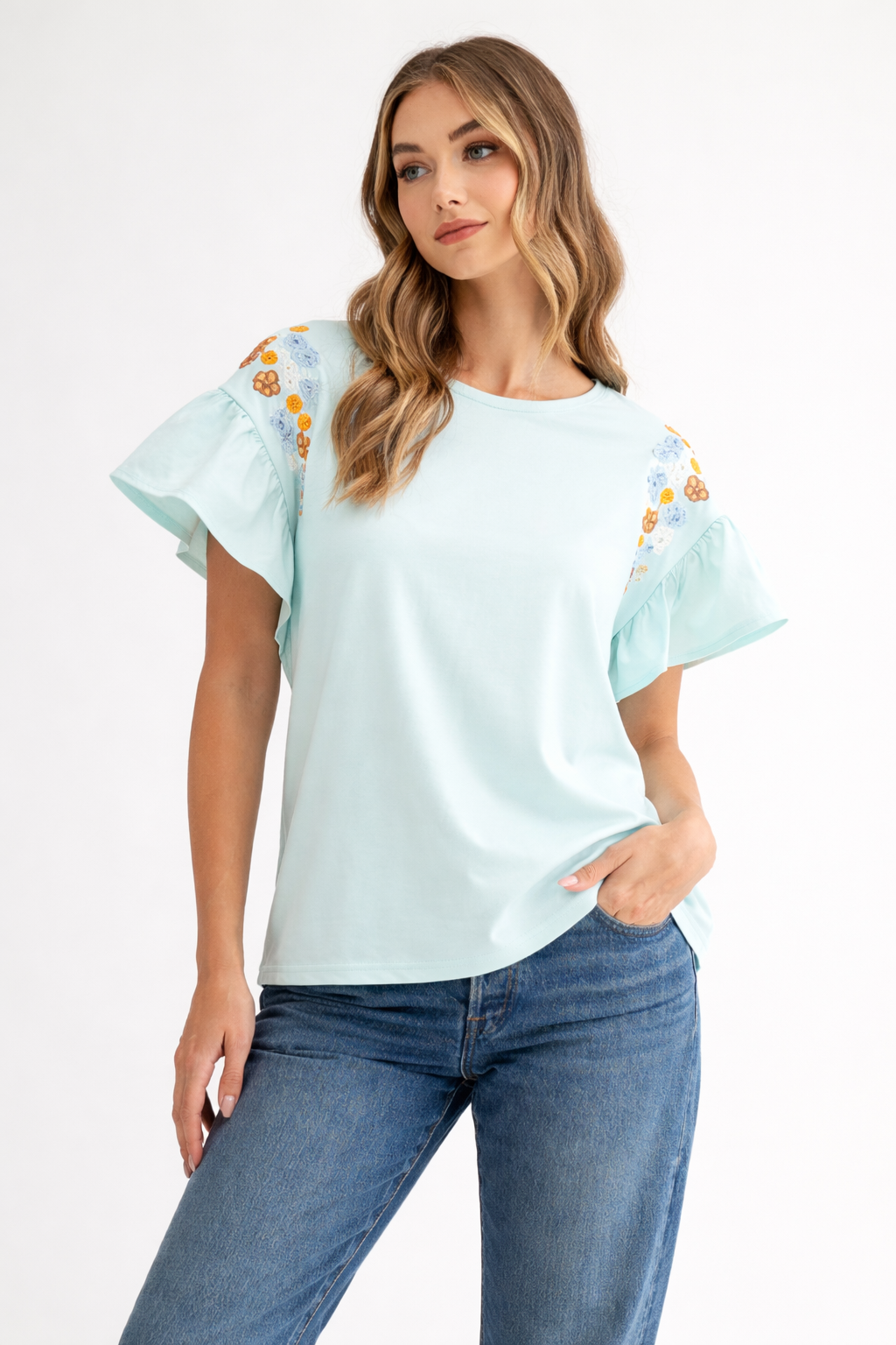 Rinnie Pointe Knit Top with Embroidered Flower Sparkles