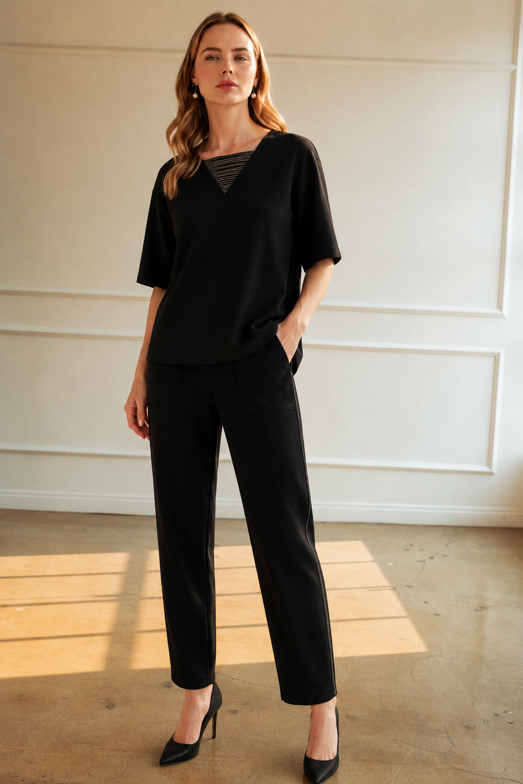 Karine Crepe Knit Pant with Beading Trim