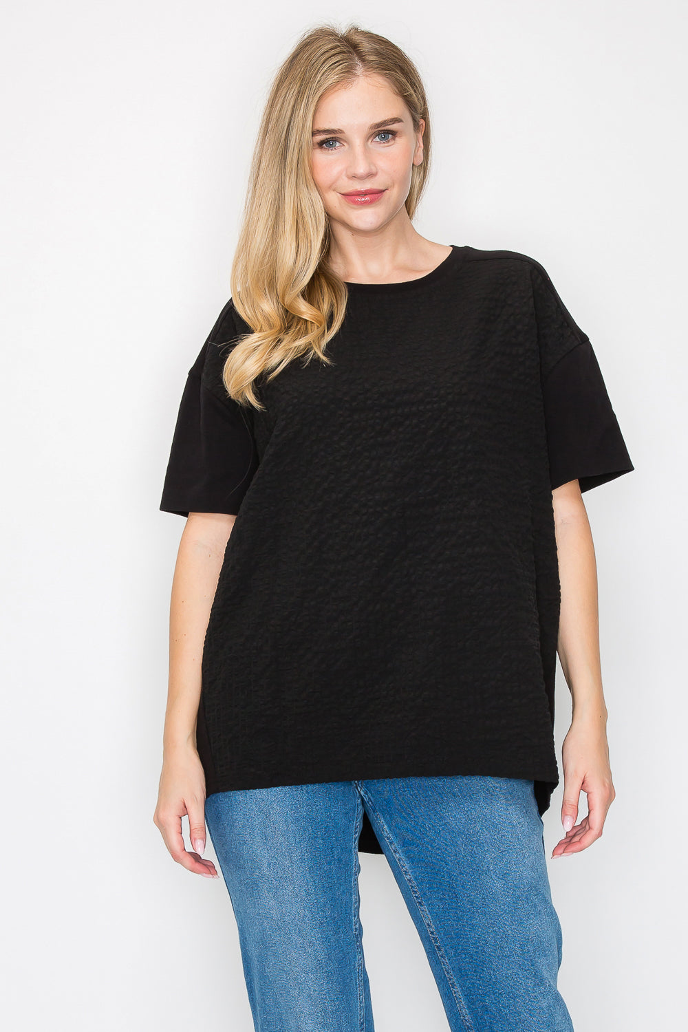 Renae Textured Woven Mixed Pointe Knit Top