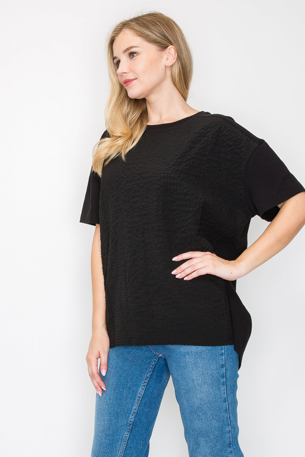 Renae Textured Woven Mixed Pointe Knit Top
