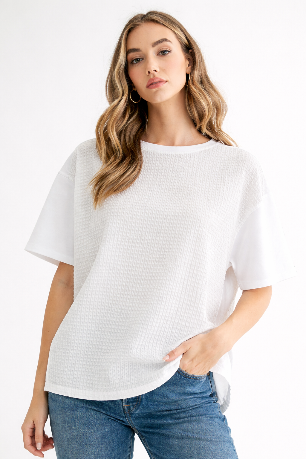 Renae Textured Woven Mixed Pointe Knit Top