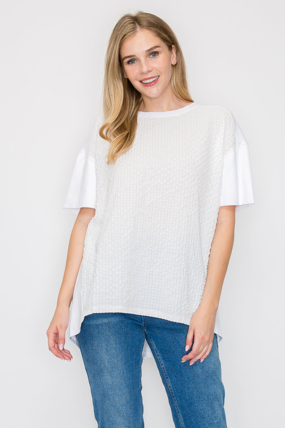 Renae Textured Woven Mixed Pointe Knit Top