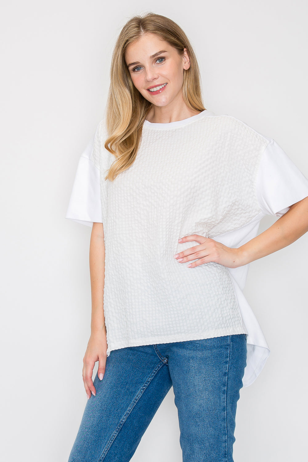 Renae Textured Woven Mixed Pointe Knit Top