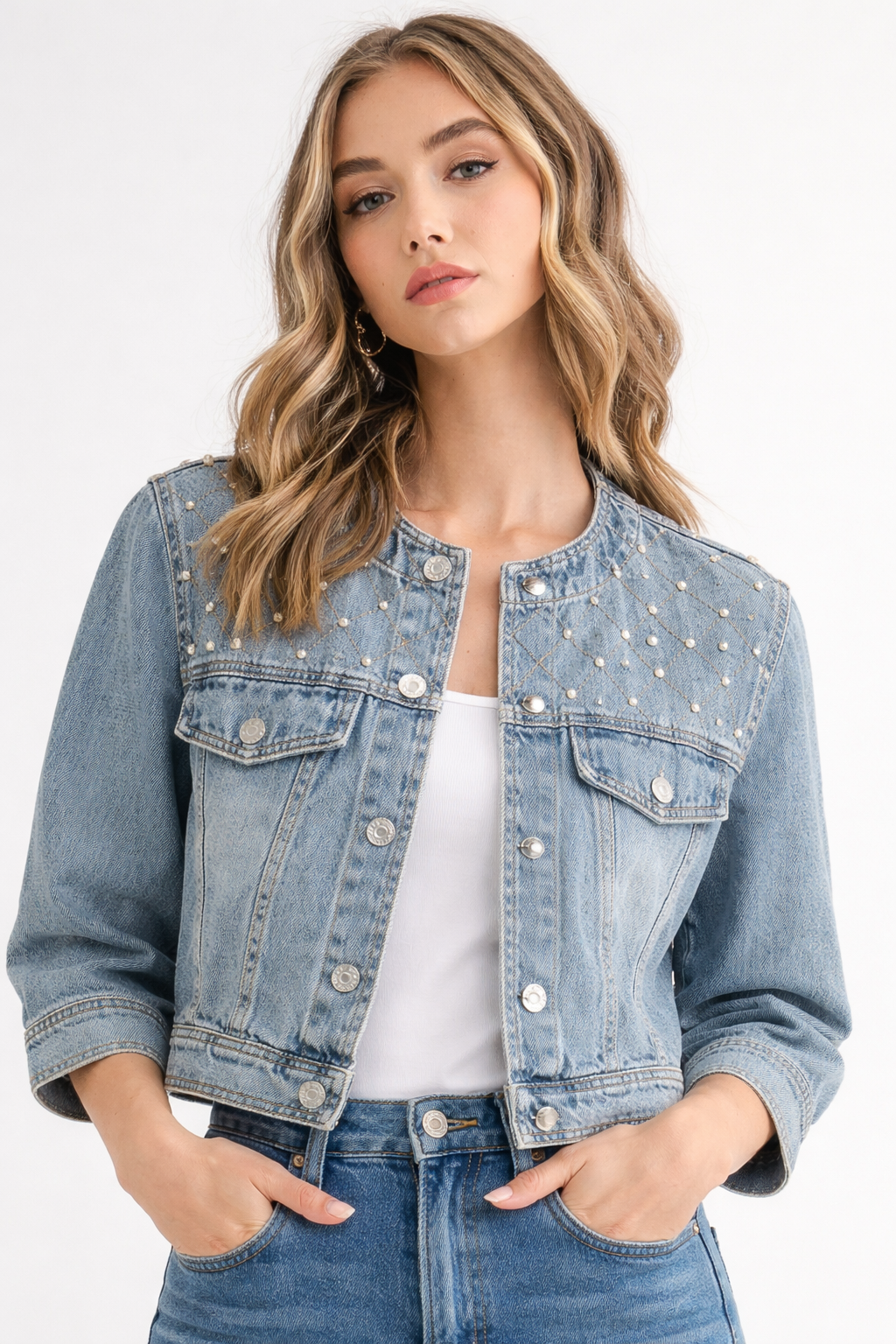 Daphne Denim Jacket with Studs & Pearls