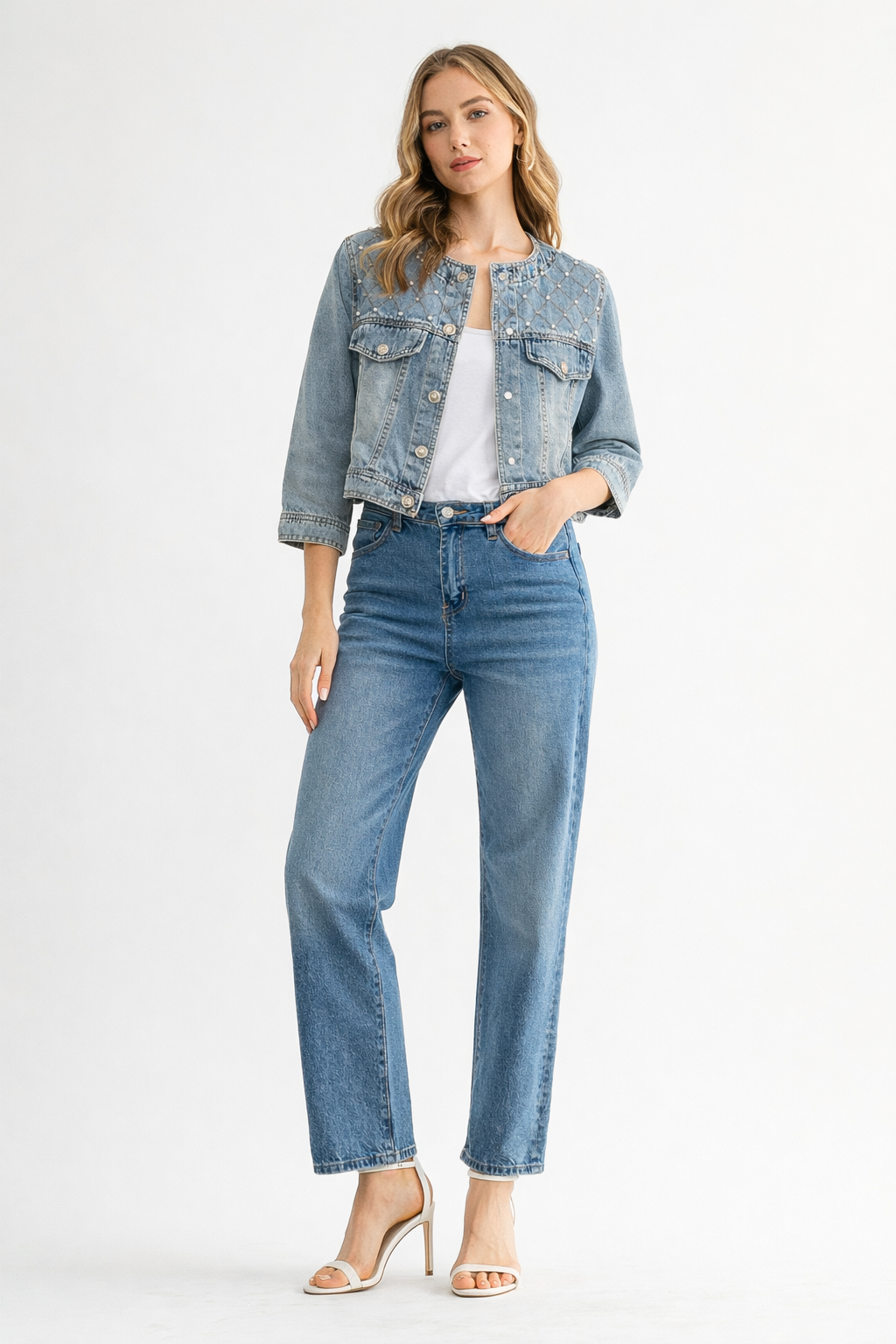 Daphne Denim Jacket with Studs & Pearls
