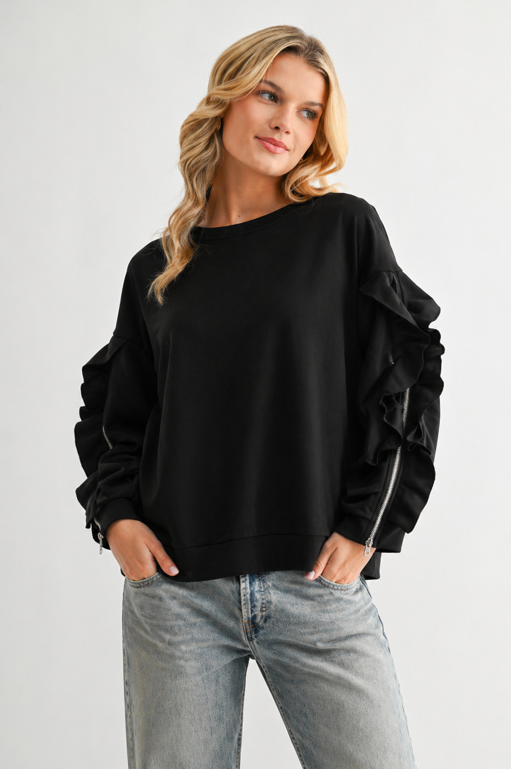 Ferra Stretch French Scuba Top with Ruffled Zipper Sleeves