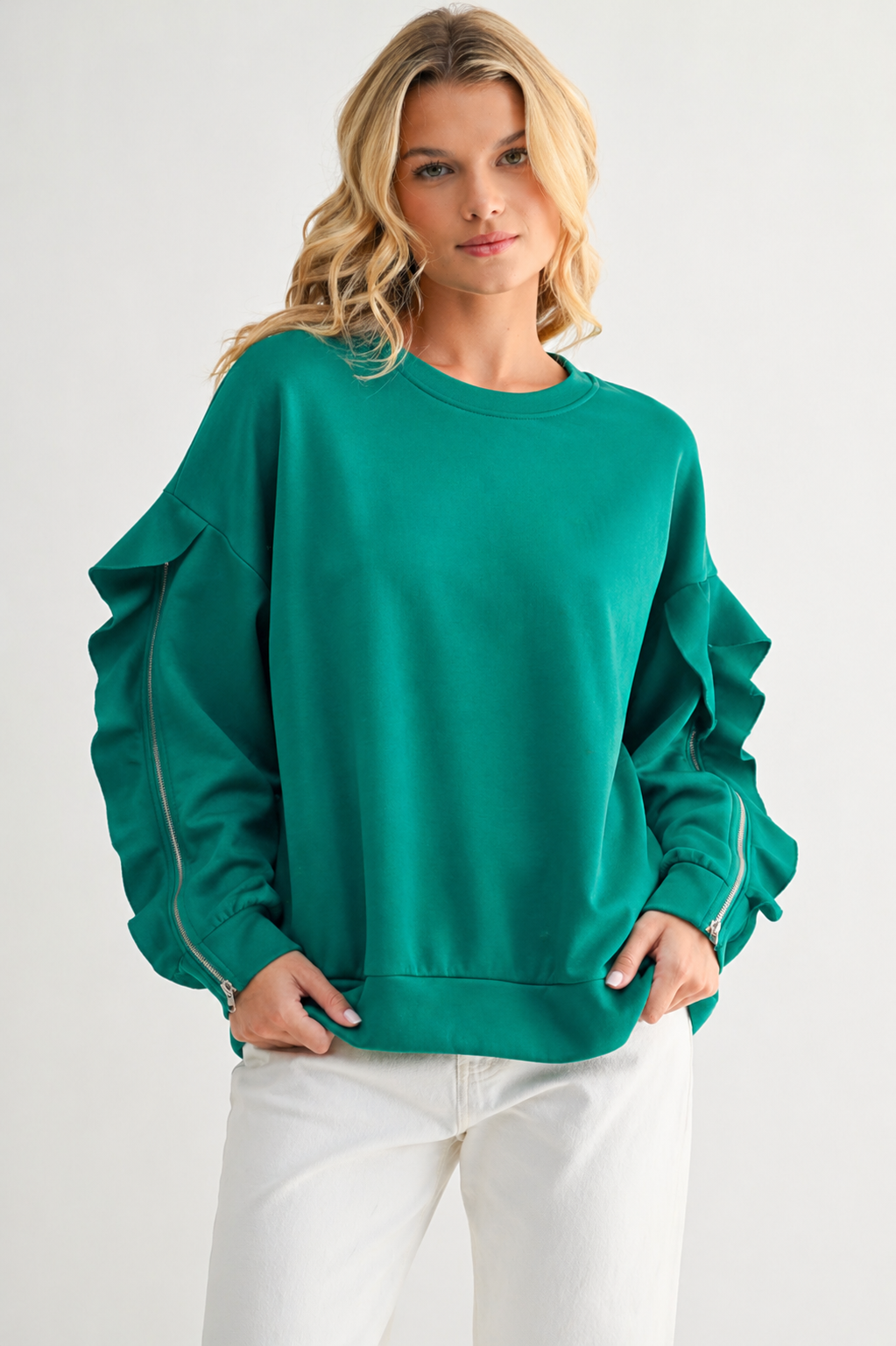 Ferra Stretch French Scuba Top with Ruffled Zipper Sleeves