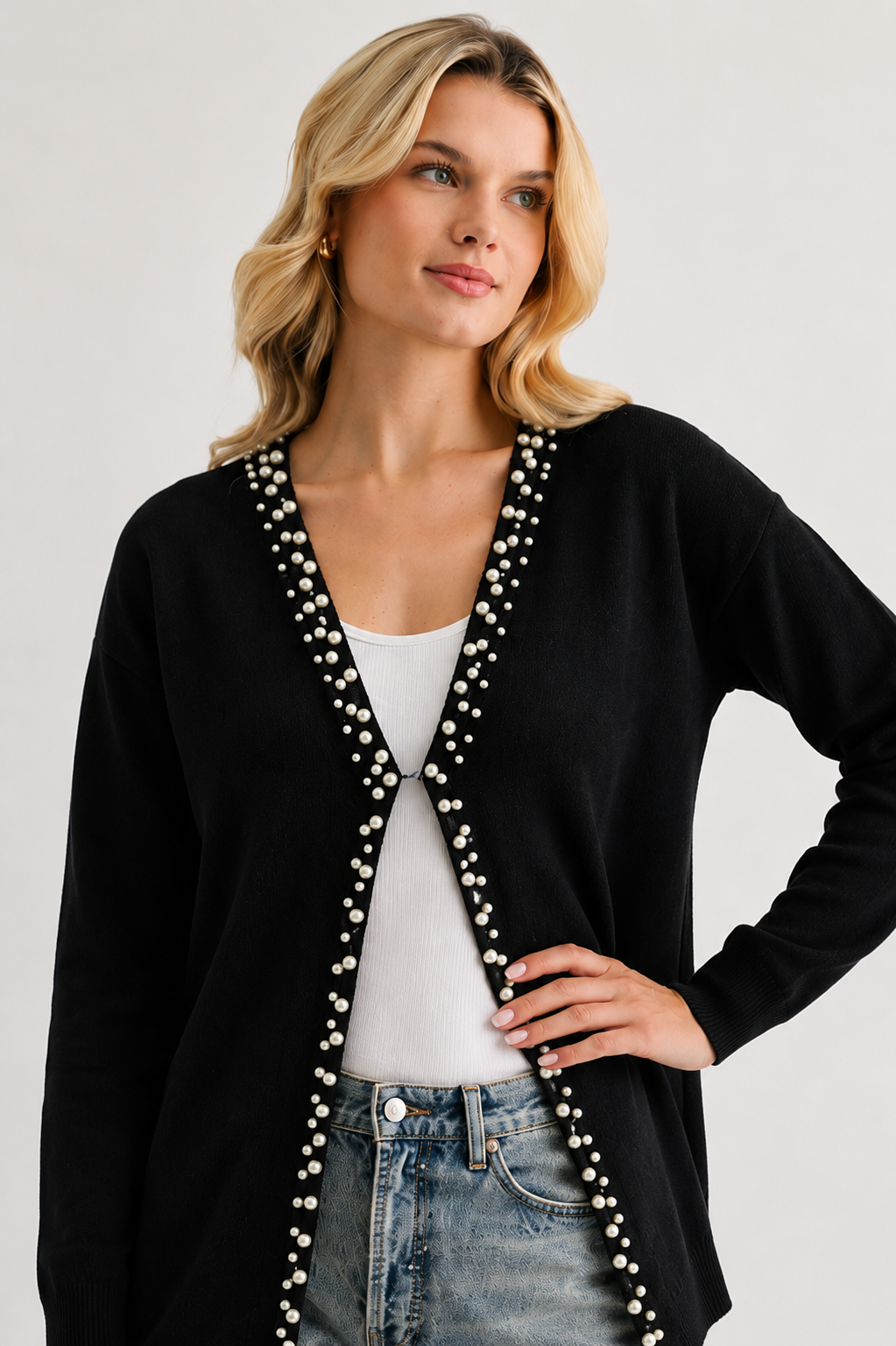 Syani Knitted Sweater Cardigan with Pearls