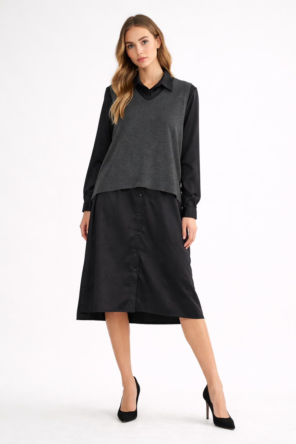Whema Woven Shirt Dress with Detachable Sweater Knitted Vest