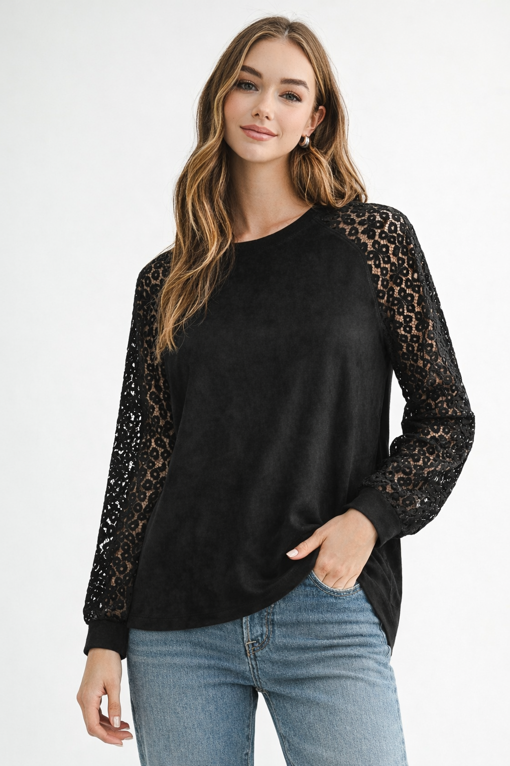 Alura Stretch Suede Top with Crochet Lace