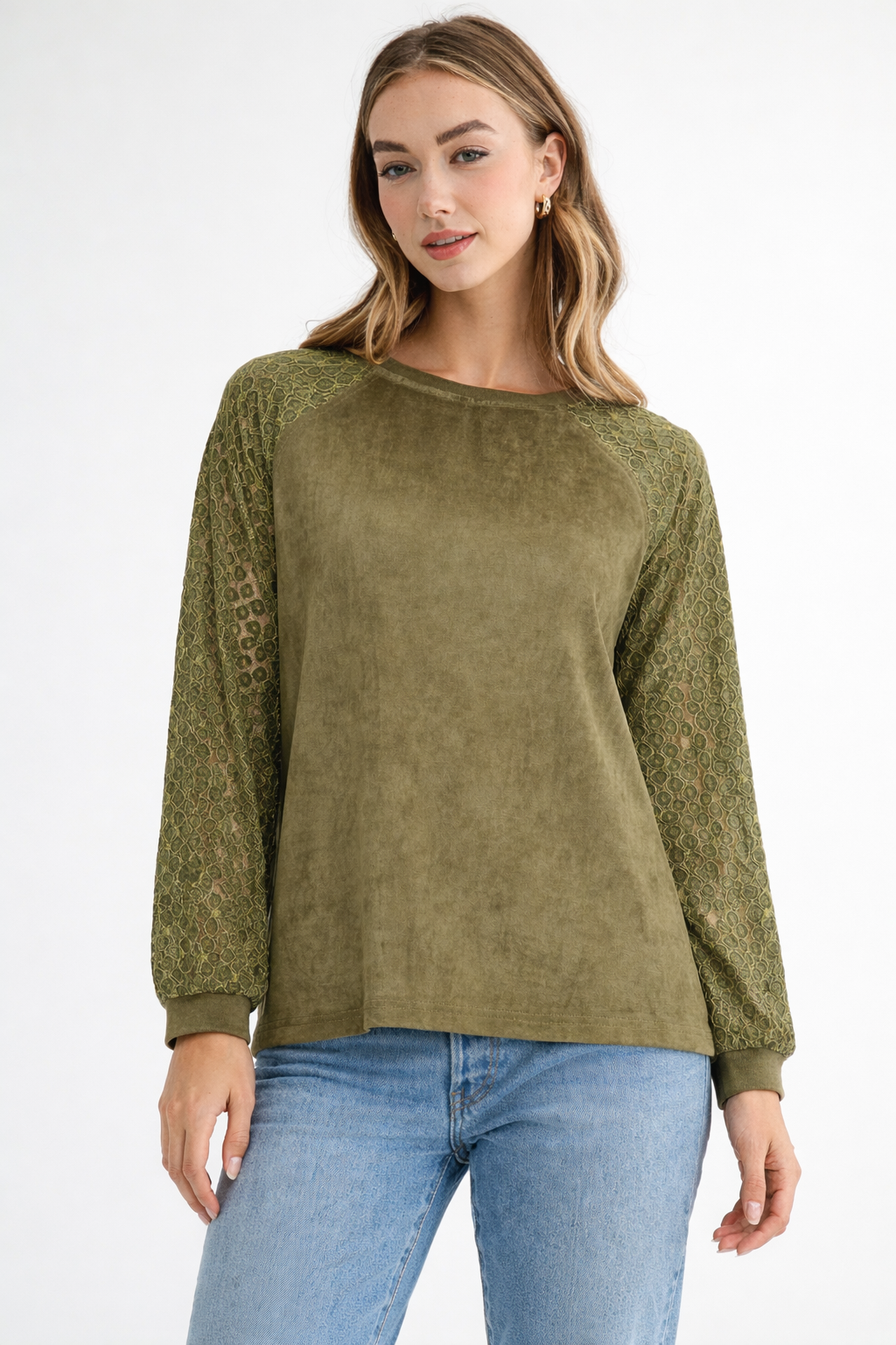Alura Stretch Suede Top with Crochet Lace