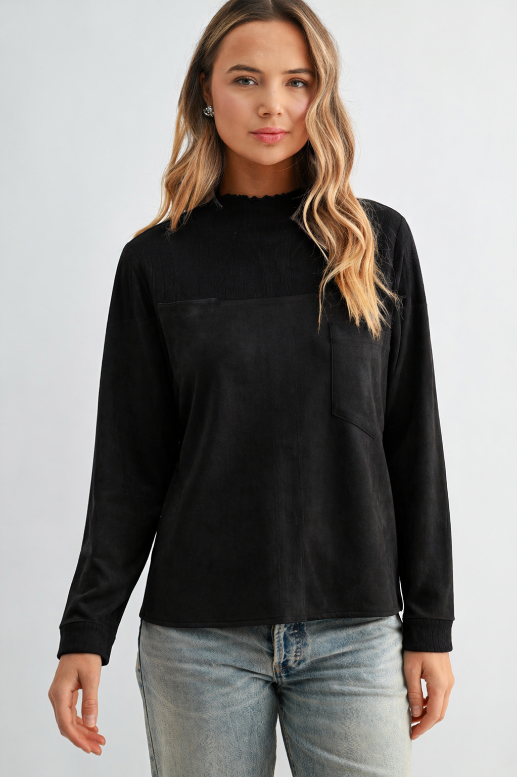 Allie Stretch Suede Top with Ribbed Knit