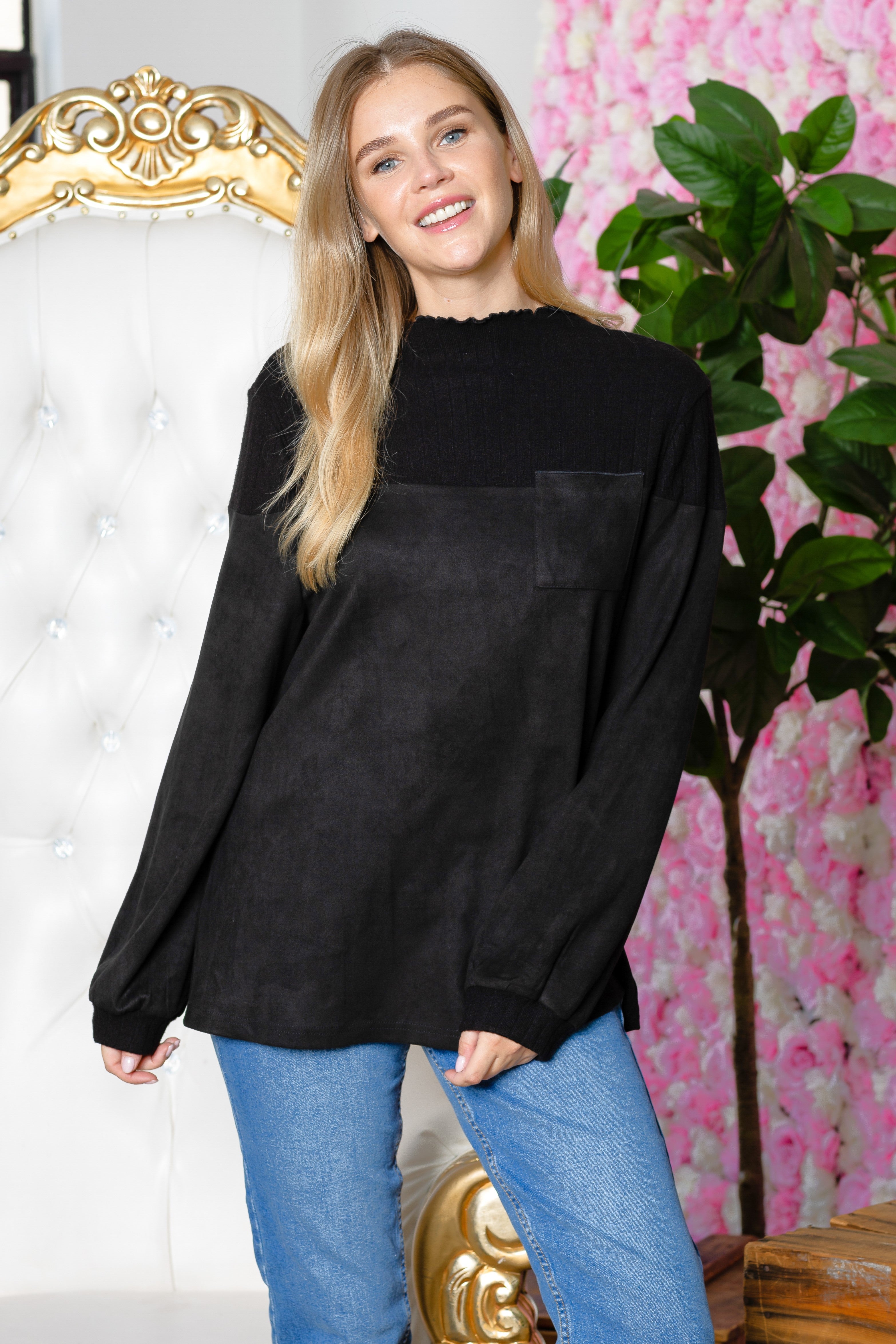 Allie Stretch Suede Top with Ribbed Knit