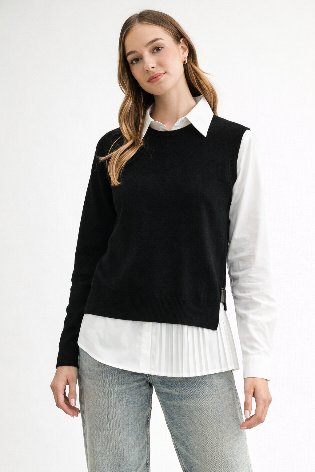 Wyatt Cotton Pleated Shirt with Knitted Sweater