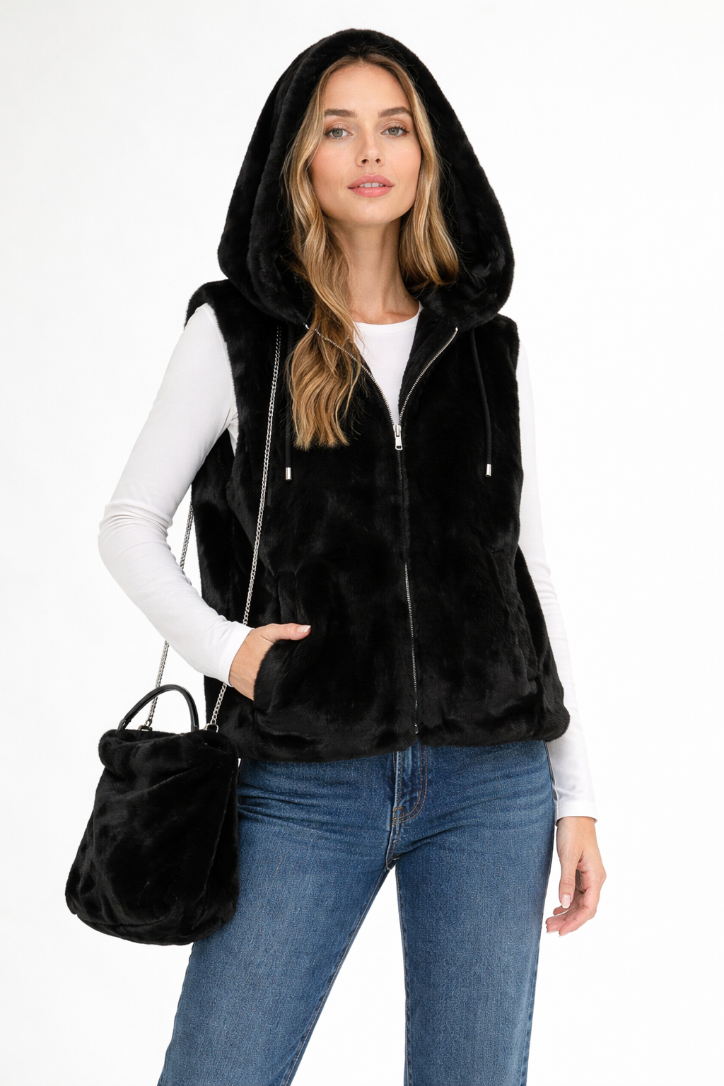Jackie Fur Vest with Matching Crossbody Fur Bag (Set)