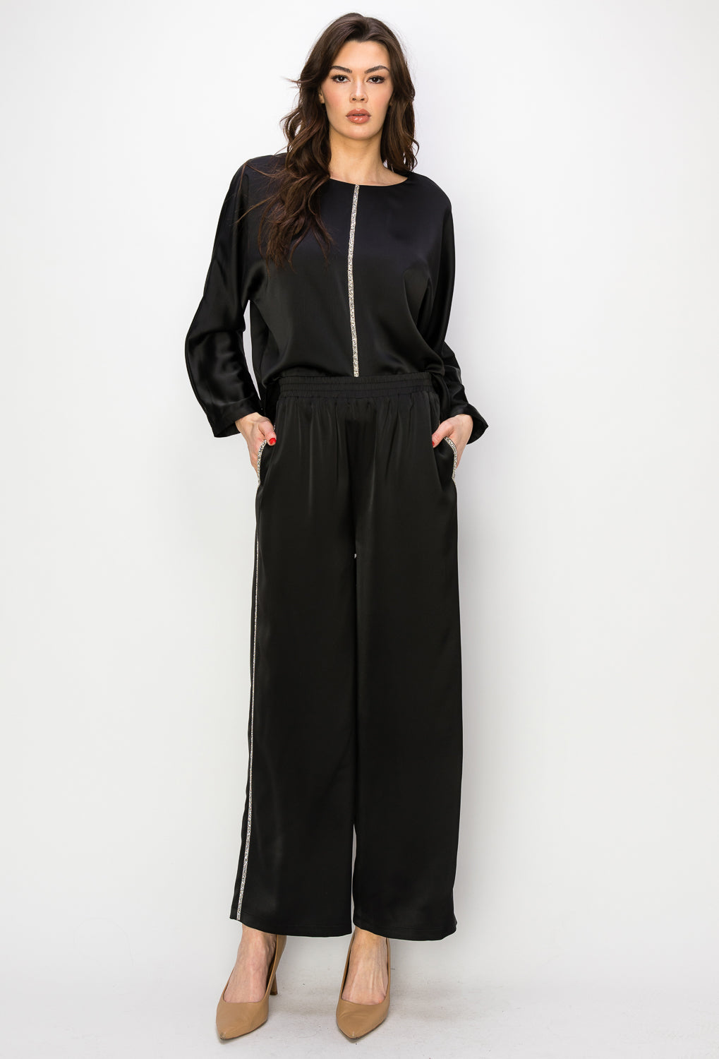 Wilma Satin Top with Diamond Trim