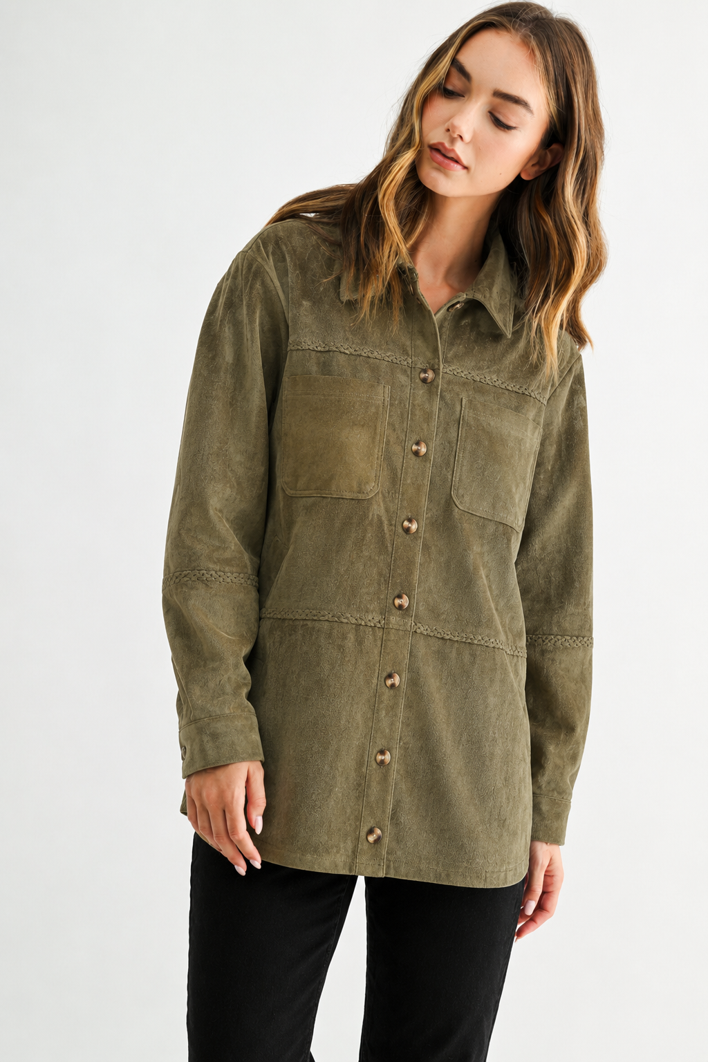 Avery Stretch Suede Top with Detailed Whipstitch